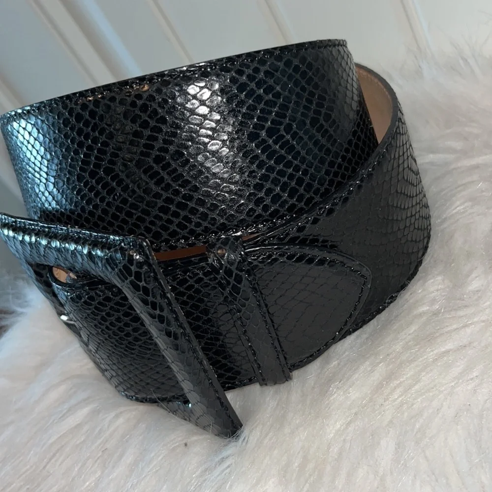 Black Snake-Embossed Wide Italian Leather Belt